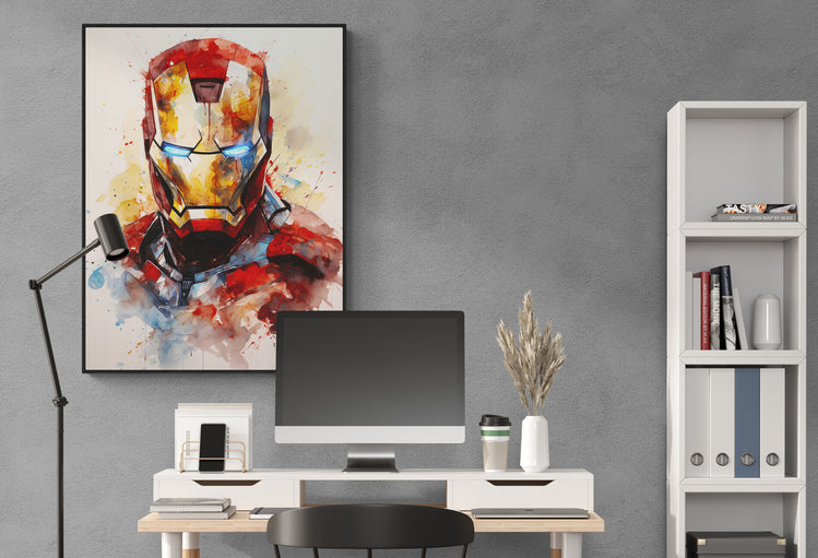 ableau Marvel Iron Man en aquarelle sur mur de bureau.