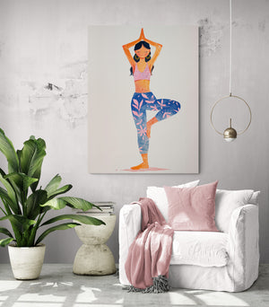 Vibrant meditation canvas brightening a fresh tropical living room.