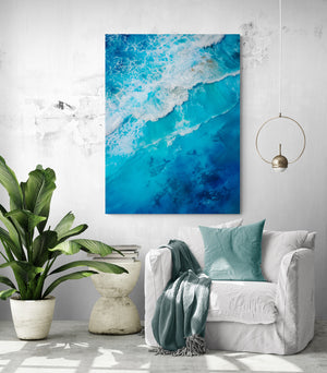 Blue Waves canvas in a cozy living room.