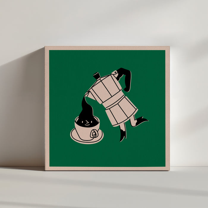 Green coffee poster featuring a Moka pot pouring into a cup