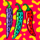illustration colorée de trois piments: un piment violet, un piment turquoise et un piment rouge. Ces piments présentent des motifs de taches irrégulières sur leur surface. Ils sont placés sur un fond rouge vif avec des motifs jaunes qui ressemblent à des nuages ou à des taches.