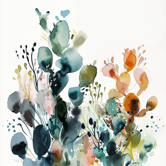 peinture abstraite aux tons pastel et aquatiques avec motifs floraux.