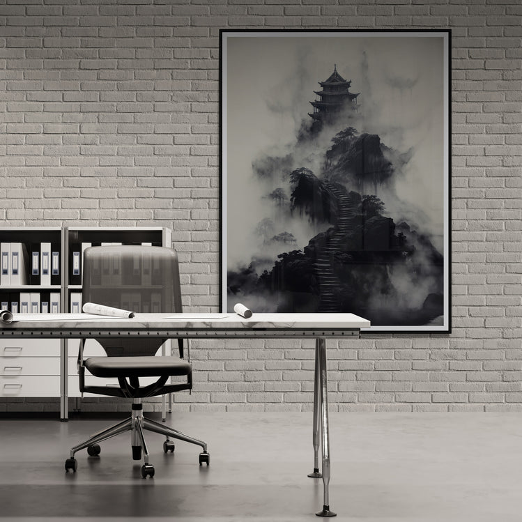Le tableau paysage noir et blanc crée un point focal élégant dans ce bureau épuré.