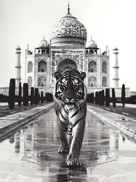photographie Gros plan d'un tigre marchant vers le spectateur, le Taj Mahal en arrière-plan.