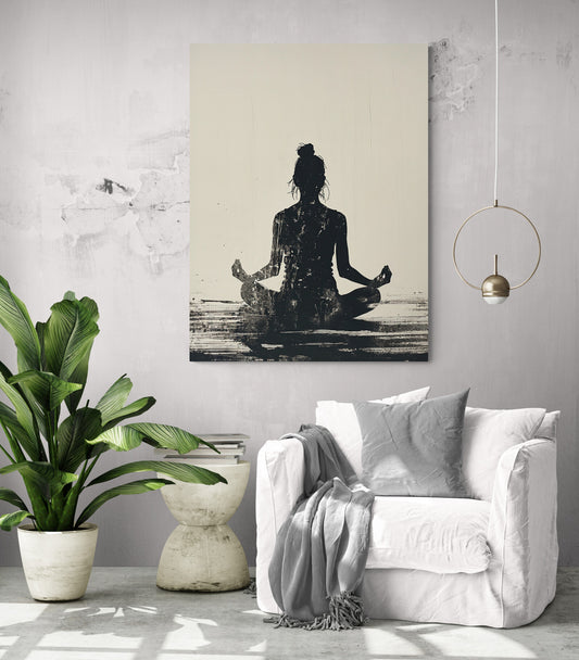Une toile de méditation crée une atmosphère apaisante dans un salon moderne