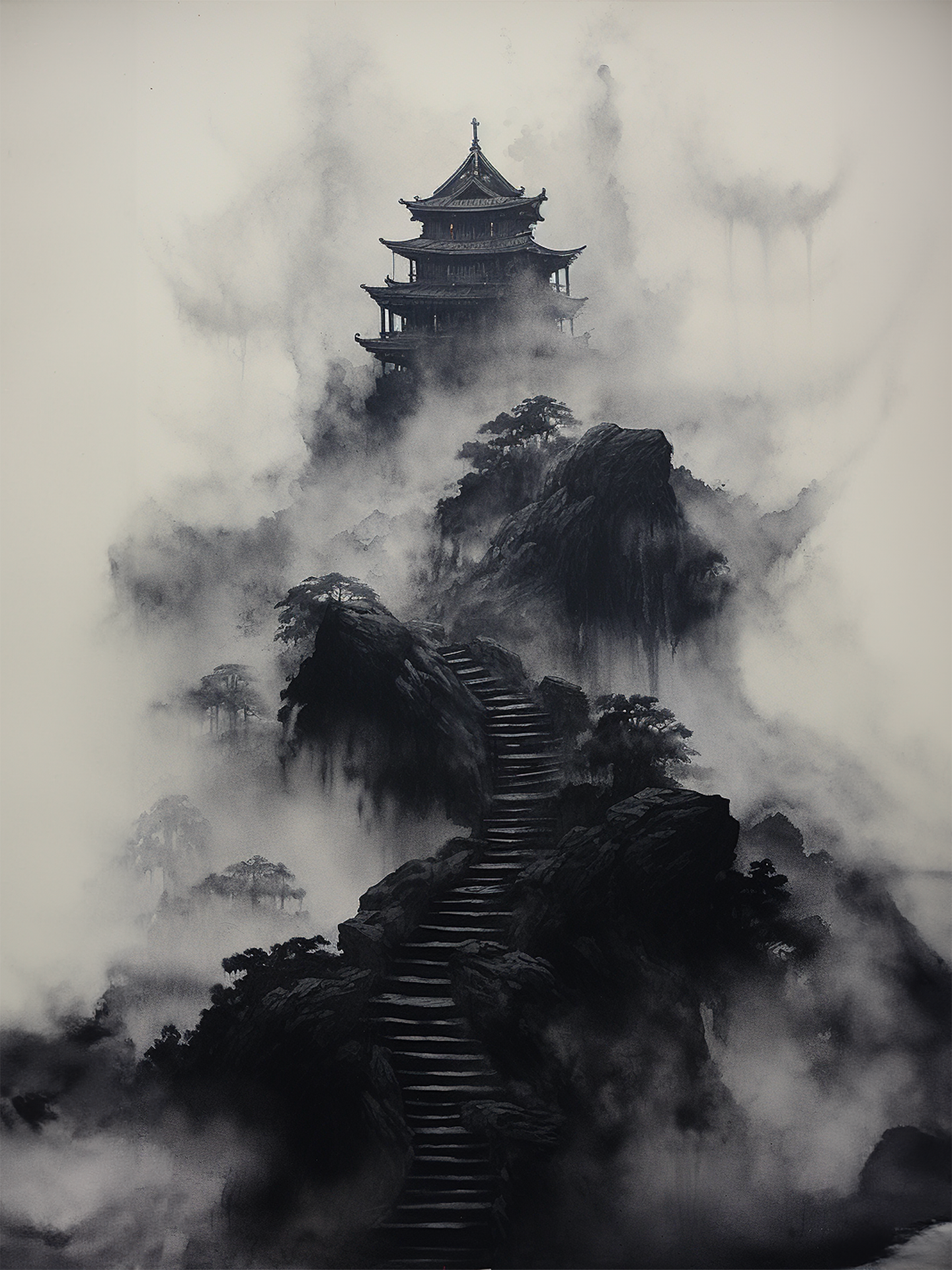 Le tableau en noir et blanc montre une pagode ancienne perchée sur des pics brumeux, évoquant un paysage asiatique mystique.