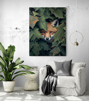 living room art print featuring a cunning fox blending in leaves.