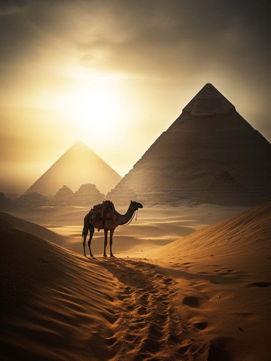 Vue détaillée du tableau du désert, révélant la beauté d'un coucher de soleil, d'un chameau solitaire et des pyramides lointaines.