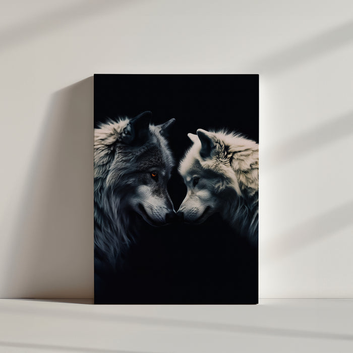 Two wolves in black and white sharing a special connection – fine art wildlife photograph