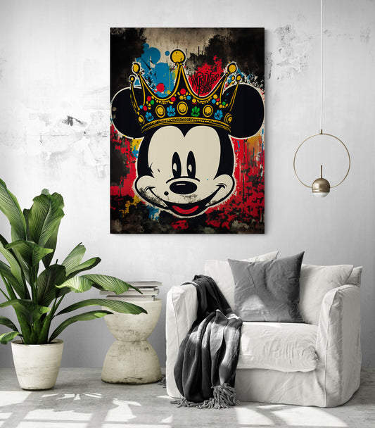 Le tableau "Mickey Street Art" ajoute une touche rebelle à un salon blanc, avec ses couleurs contrastées et ses lignes audacieuses
