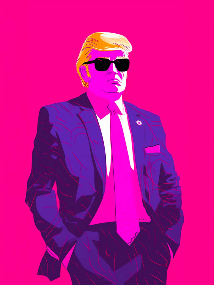 Le tableau "Donald Trump" en personnage de dessin animé, sur un fond rose vibrant, captivant par son originalité.