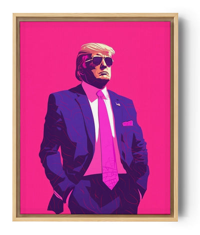 Le tableau "Donald Trump" en personnage de dessin animé, sur un fond rose vibrant, captivant par son originalité.