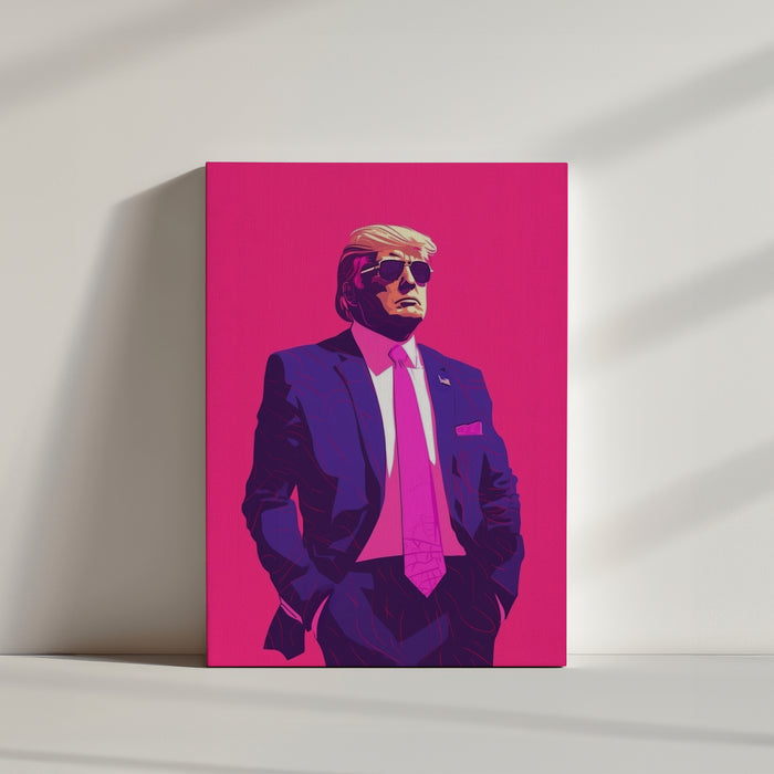 Le tableau "Donald Trump" en personnage de dessin animé, sur un fond rose vibrant, captivant par son originalité.