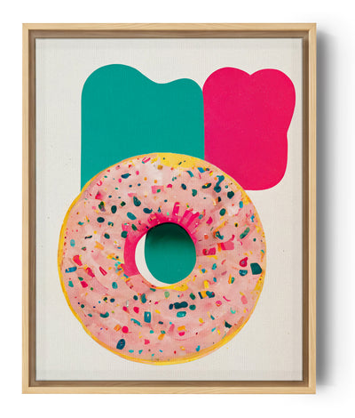 Tableau pour cuisine d'un donut dessiné à la main. Crème de couleur rose et est parsemée de pépites multicolores. L'arrière-plan du tableau est composé de deux traces de peinture, un beau rouge et l'autre verte, qui ajoutent de la profondeur et de la dimension à l'ensemble. Le tableau est très esthétique et aux couleurs vives. Minimaliste, ce tableau dégage une touche de fraîcheur et de féminité combinée au donut qui ajoute vie et gourmandise