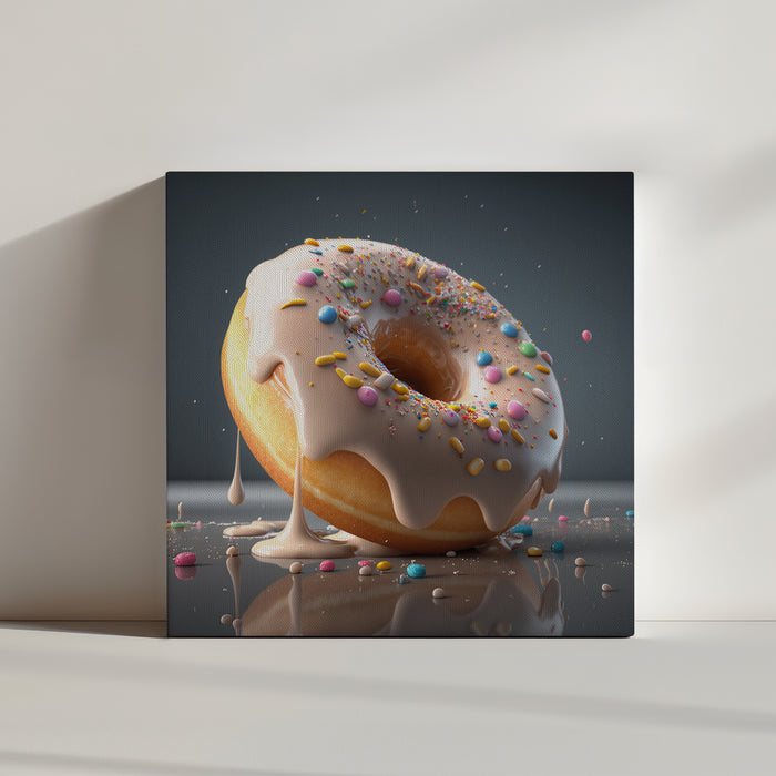 Tableau d'un donut moelleux et fondants. Sa pâte semble se déliter dans la bouche et on imagine sa saveur légèrement fruitée et sucré. Le glaçage couleur neige recouvre ce délicieux gâteau léger et crémeux. Des toppings multicolores viennent offrir une jolie touche esthétique à ce délice.