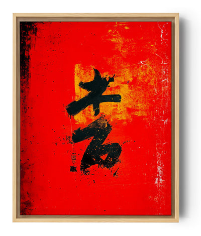 Art mural rouge vif caractères japonais calligraphiques.