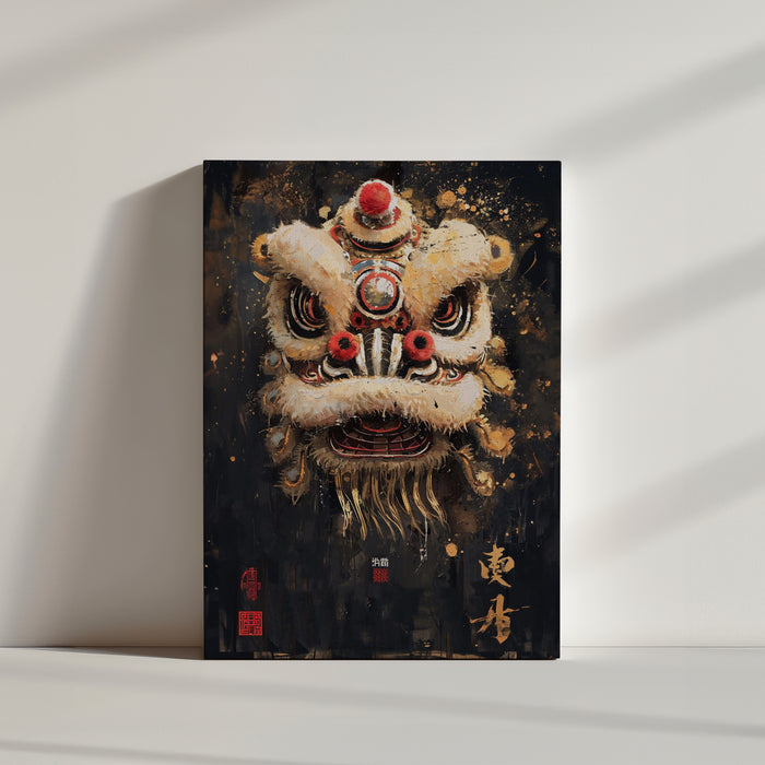 toile peinture réaliste, représentation du dragon chinois, fond noir.