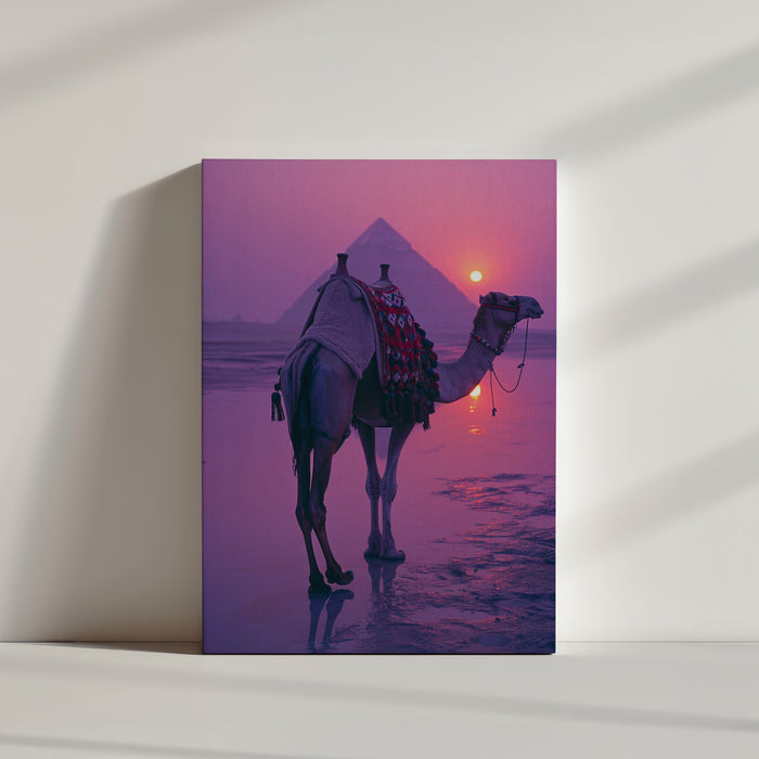 Dromedary camel in the desert canvas print, purple sunset