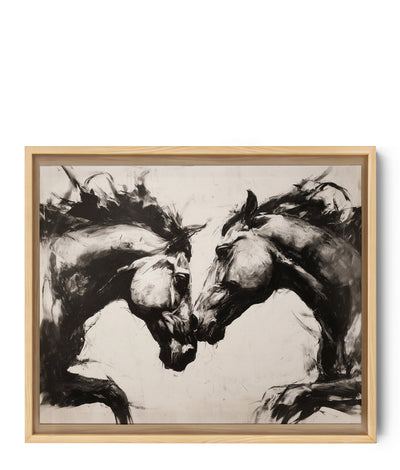 Duel artistique de chevaux en noir et blanc, style expressionniste puissant et émotionnel