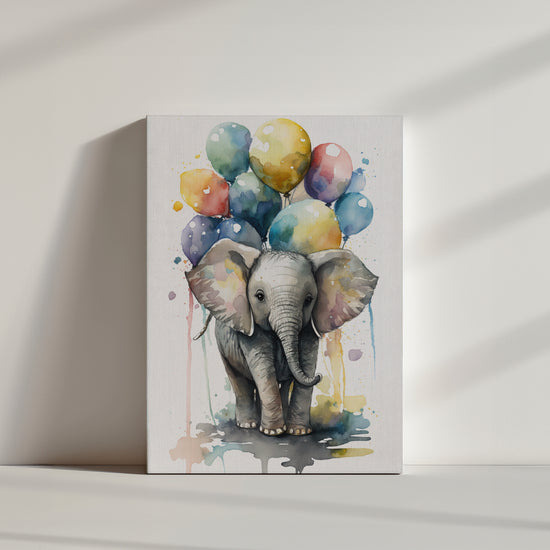 Wandbild Elefant Babyzimmer mit bunten Luftballons, Aquarellmalerei