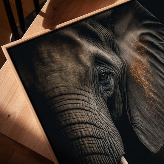 Éléphant gros plan tableau pour salon cadre chêne doré