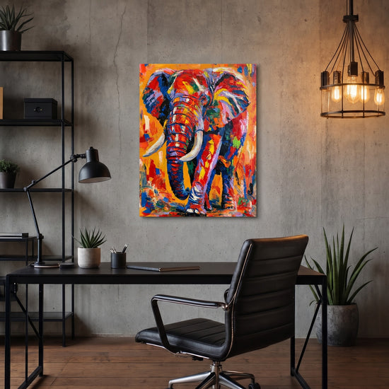 Tableau éléphant multicolore style moderne touches vives rouge bleu jaune décor salon contemporain