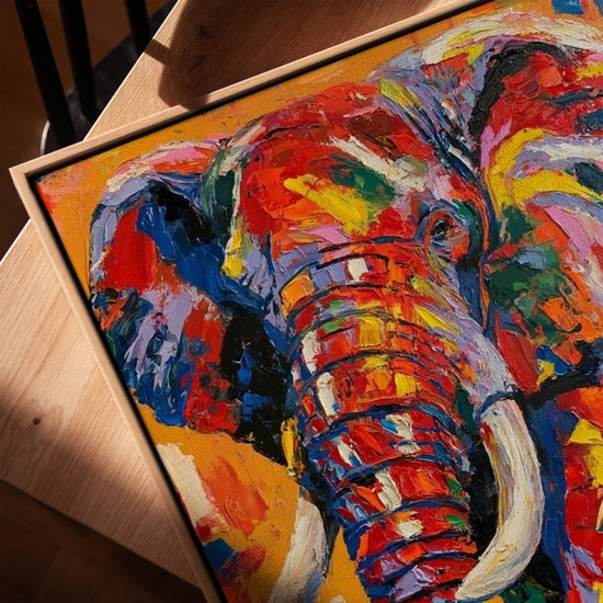 Tableau éléphant multicolore style moderne sur toile décoration salon contemporain cadre chêne doré