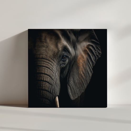 tableau mural pour salon, gros plan d'un visage d'éléphant sur un fond noir brillant, portrait grand angle