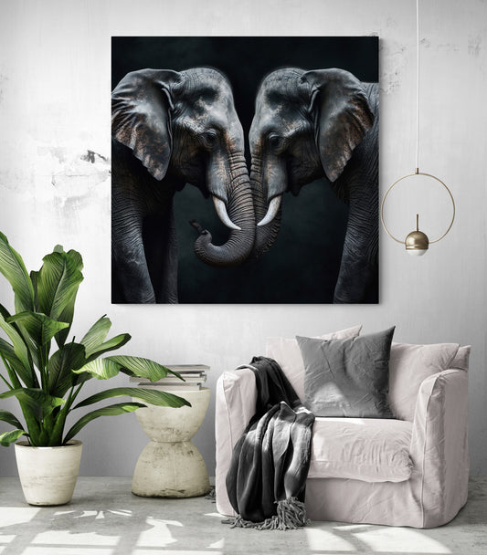 toile photo deux elephants qui s'enlacent dans un salon épurée blanc