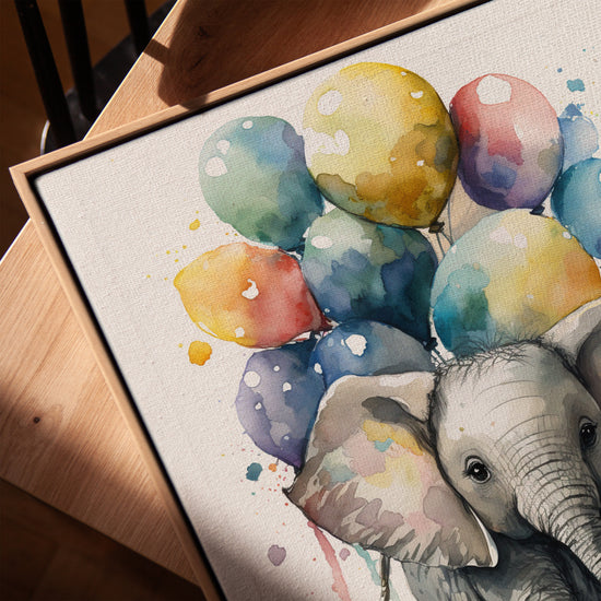 Baby-Elefant Aquarell Luftballons Wandbild für minimalistisches Büro
