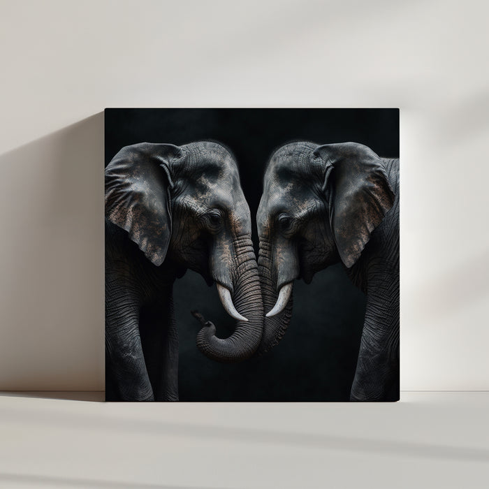 Photograph capturing two elephants hugging, a tender moment between the animals