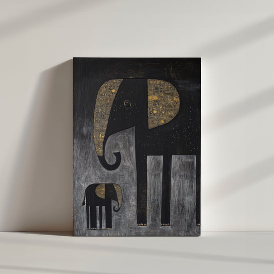 llustration artistique de deux éléphants noirs avec détails dorés sur fond texturé gris et noir.