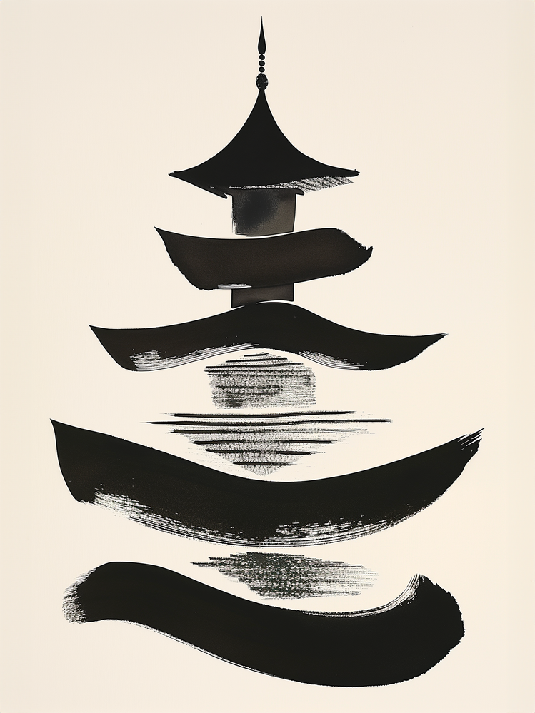 Représentation très stylisée d'une pagode japonaise - art  sumi-e
