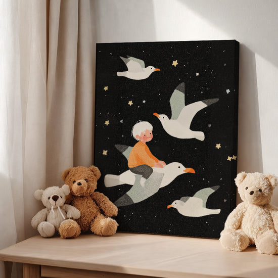 Canvas print showing a boy sitting on a white seagull flying through a black starry sky; soft, poetic pastel illustration. Kids room wall decor with a dreamy mood, featuring several birds and tiny gold stars. Stretched canvas ideal for a calm, imaginative atmosphere.