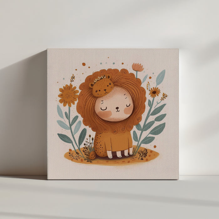 Brown nursery wall art print of a child dressed as a lion for baby room