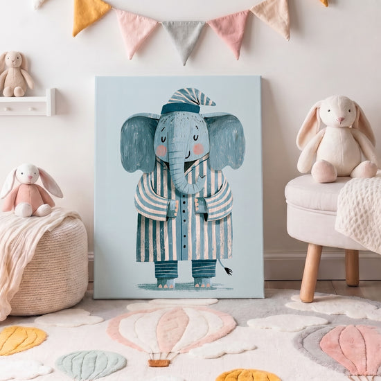 Tableau enfant éléphant en pyjama bleu aquarelle décoration murale chambre bébé garçon