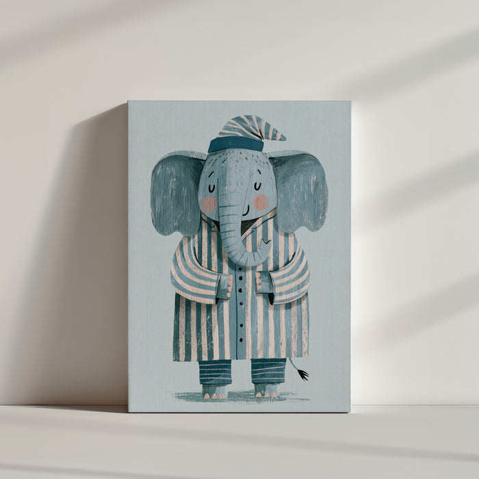 Tableau enfant éléphant en pyjama bleu aquarelle déco chambre ambiance douce minimaliste