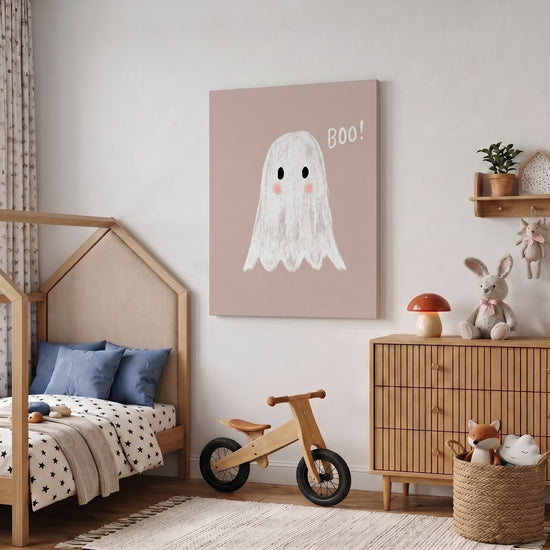 Tableau enfant fantôme blanc mignon BOO beige, décoration murale chambre douce en situation