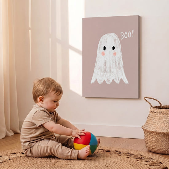 Tableau enfant fantôme blanc mignon BOO fond beige décoration murale chambre douce