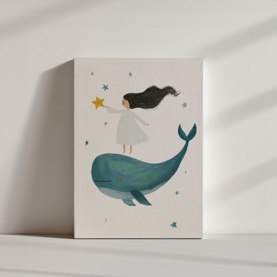 Illustration enfantine d'une fille sur une baleine tenant une étoile, ambiance magique et imaginaire