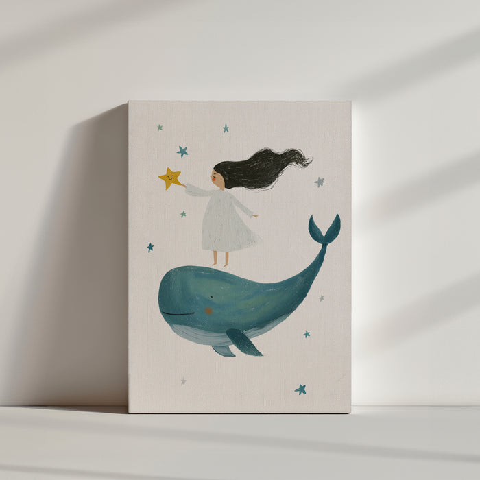 Whimsical nursery illustration of a girl on a whale holding a star - magical, imaginative artwork