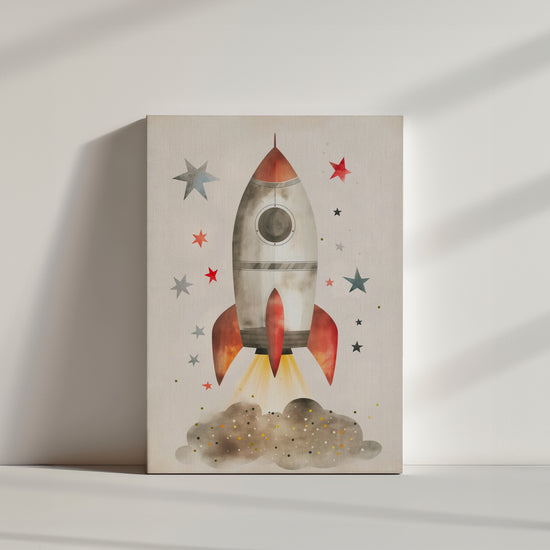 Children's illustration of a rocket taking off surrounded by colorful stars, space nursery wall art