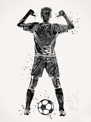 The image shows a black and white illustration of a soccer player with arms raised, viewed from the back, with a soccer ball in front of him. The style is artistic with fluid patterns.
