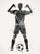 Black and white soccer player illustration from behind, arms raised, ball in front, artistic fluid pattern style