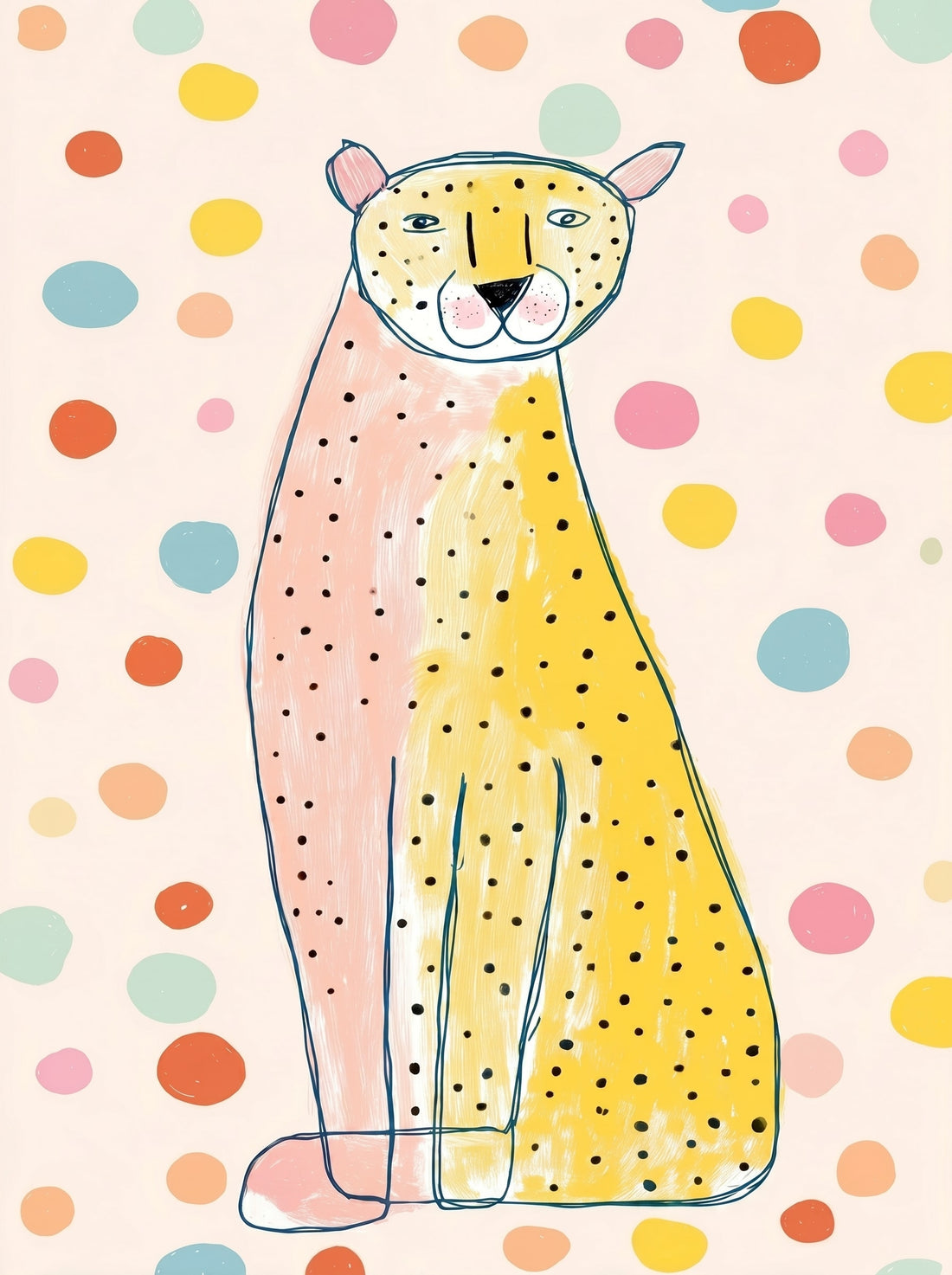 Cuadro infantil de leopardo en tonos pastel - manchas rosas y amarillas suaves