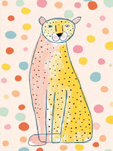 Tableau enfant guépard coloré rose et jaune à pois sur fond beige ludique et tendre