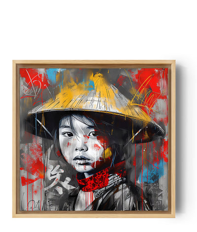 Japanese girl graffiti canvas wall art with traditional conical straw hat
