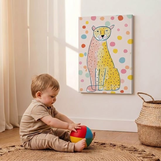 Cuadro de pared infantil de leopardo rosa y amarillo con manchas, decoración de dormitorio suave y alegre