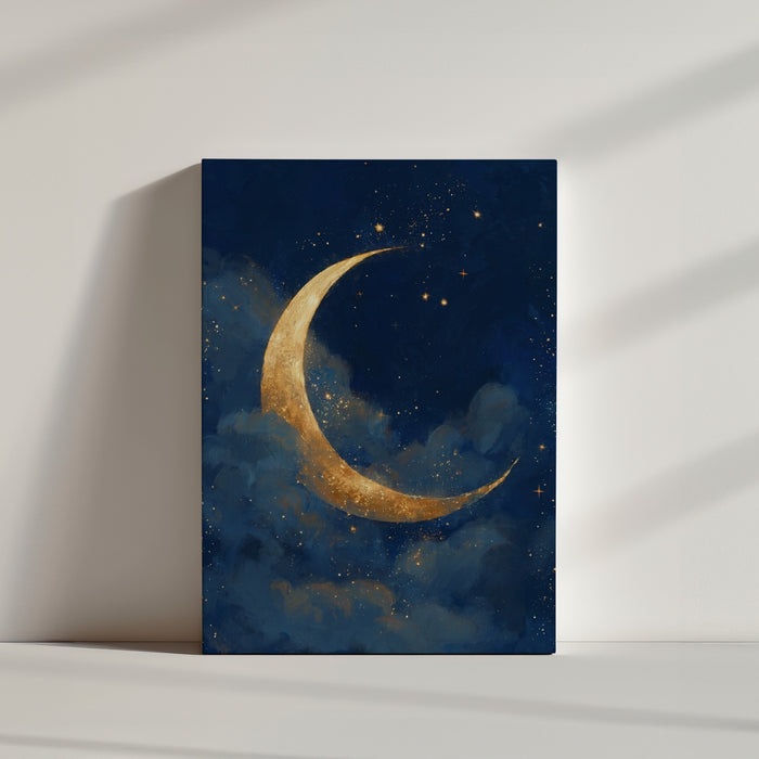 Tableau enfant lune dorée étoiles bleu nuit ambiance féerique décoration chambre bébé