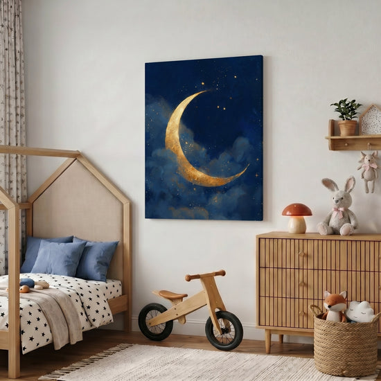 Tableau enfant lune dorée et étoiles bleu nuit pour décoration chambre bébé ambiance féerique